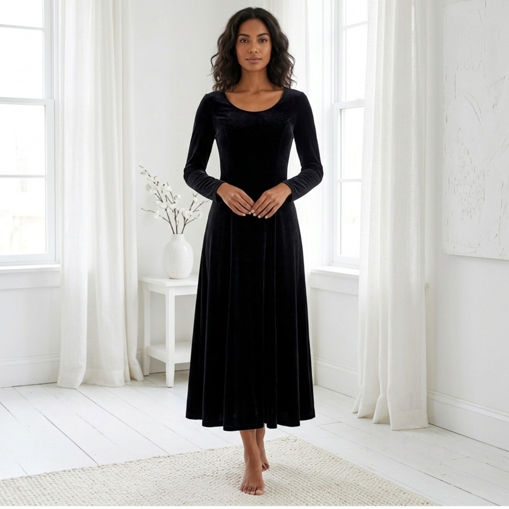 Coldwater Creek Velvet Dress Womens 10 Black Fit Flare Tea Length Whimsigoth